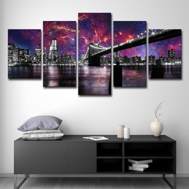 Purple Night Cityscape Canvas Art Brooklyn Bridge Modernist Multi-Piece Wall Decor