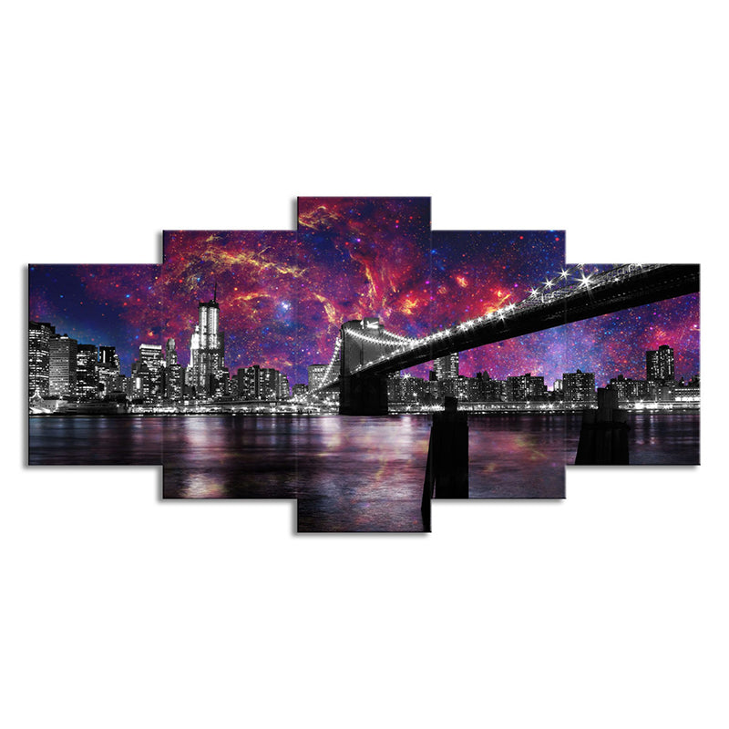 Purple Night Cityscape Canvas Art Brooklyn Bridge Modernist Multi-Piece Wall Decor