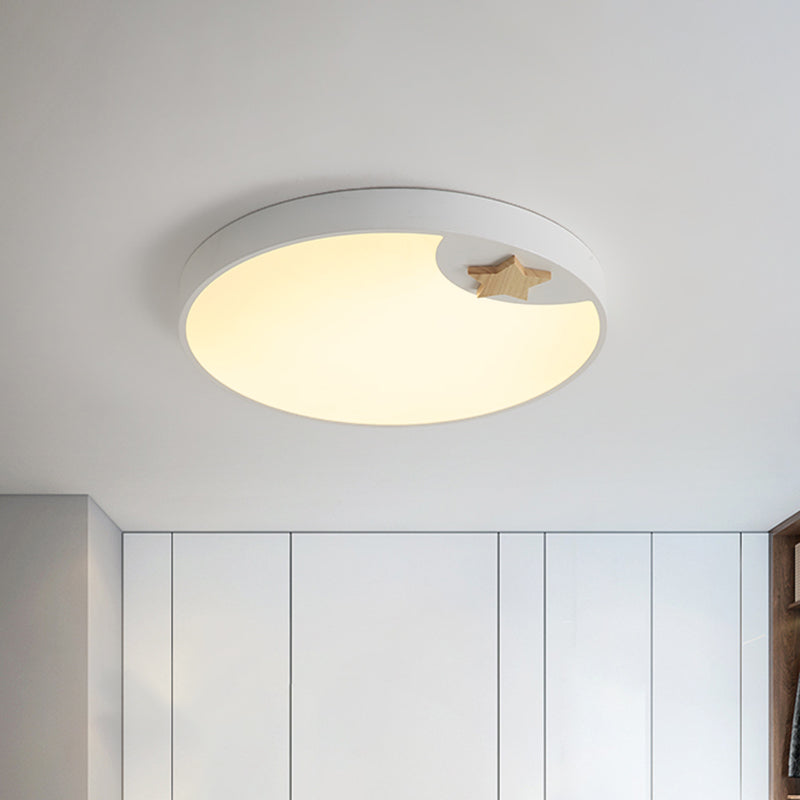 Circle Acrylic Ceiling Fixture Contemporary 16"/19.5" Wide LED White Flush Light with Wood Star Deco