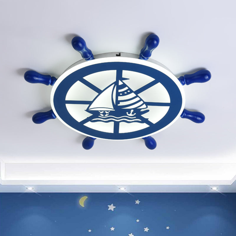 Nautical Rudder Flushmount Lighting Acrylic Boys Bedroom LED Close to Ceiling Lamp in Blue, Warm/White Light