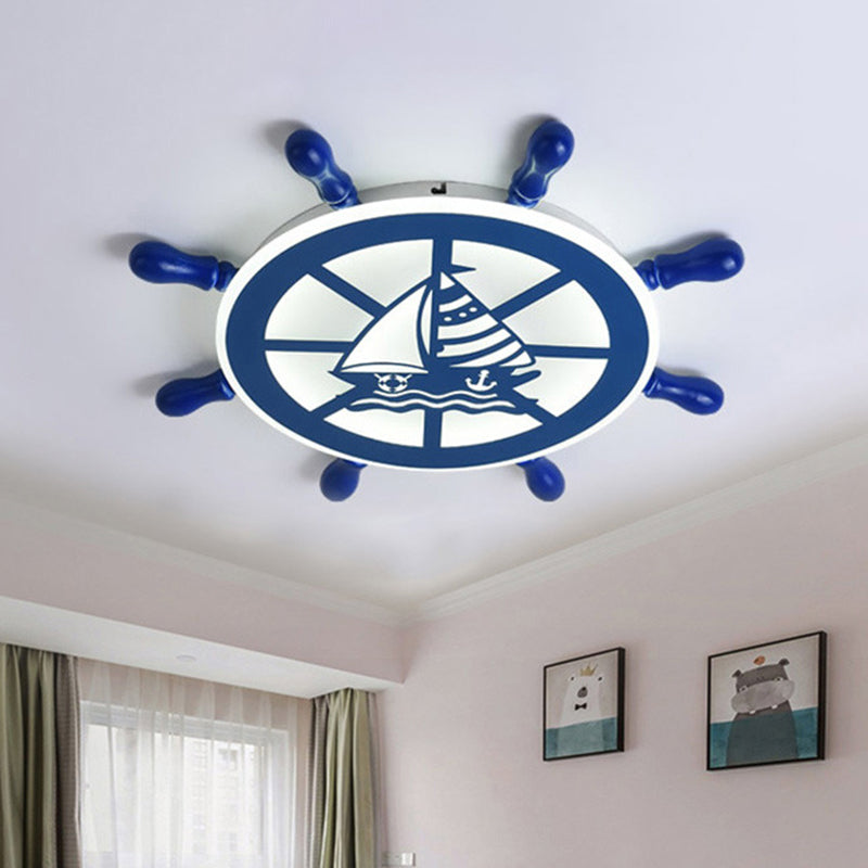 Nautical Rudder Flushmount Lighting Acrylic Boys Bedroom LED Close to Ceiling Lamp in Blue, Warm/White Light