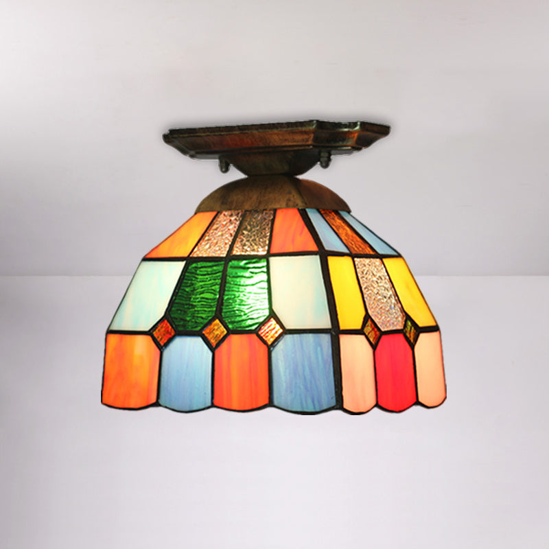 1 Bulb Corridor Flush Mount Lighting Tiffany Brass Ceiling Light Fixture with Grid Dome Cut Glass Shade