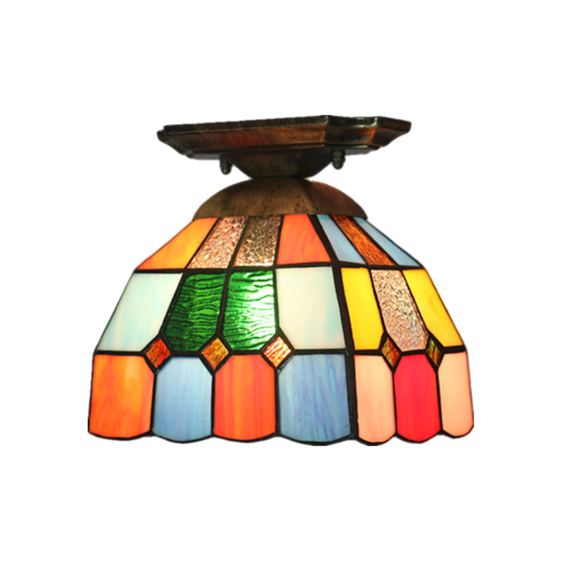 1 Bulb Corridor Flush Mount Lighting Tiffany Brass Ceiling Light Fixture with Grid Dome Cut Glass Shade