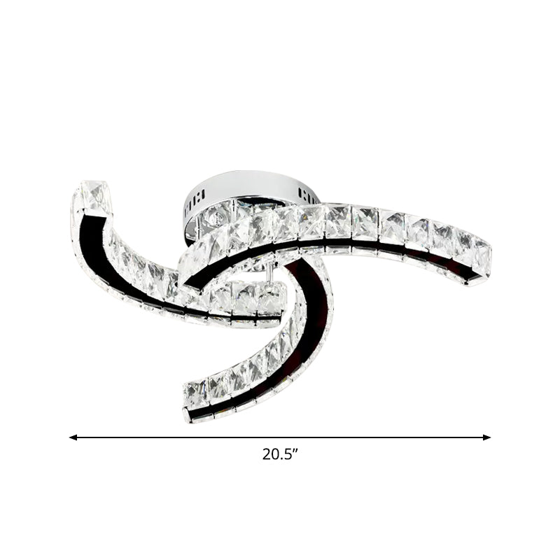 Modernist Curved Linear Ceiling Lamp Crystal Block LED Parlor Semi Flush Lamp in Stainless-Steel, Warm/White Light
