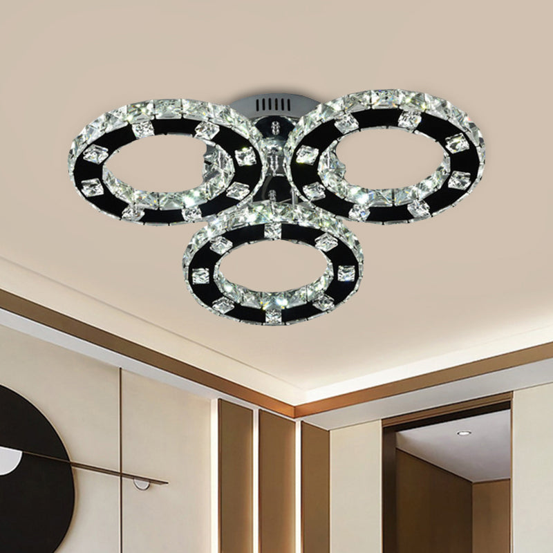 Simple LED Ceiling Light Fixture Stainless-Steel 3-Ring Semi Mount Lighting with Cur Crystal Shade