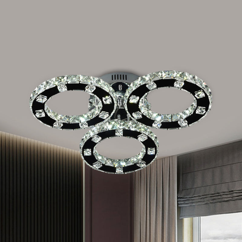Simple LED Ceiling Light Fixture Stainless-Steel 3-Ring Semi Mount Lighting with Cur Crystal Shade