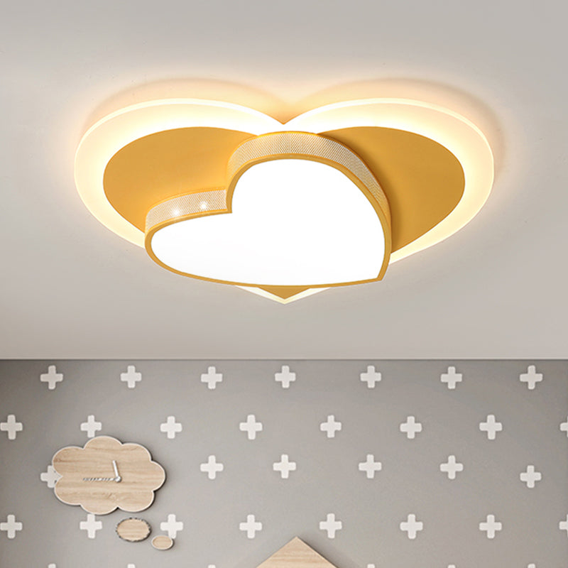 Macaron Loving Heart Flush Light Acrylic LED Bedroom Ceiling Flush Mount in White/Pink/Yellow
