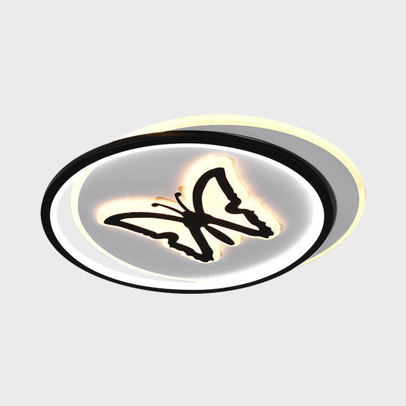 Round/Square Bedroom Ceiling Lamp Acrylic LED Nordic Flush Mount Lighting with Butterfly/Dolphin Design in Black