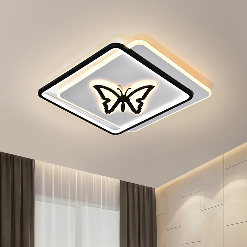 Round/Square Bedroom Ceiling Lamp Acrylic LED Nordic Flush Mount Lighting with Butterfly/Dolphin Design in Black