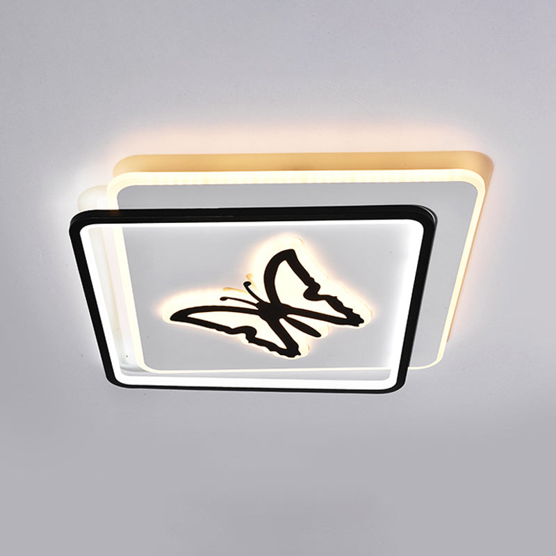 Round/Square Bedroom Ceiling Lamp Acrylic LED Nordic Flush Mount Lighting with Butterfly/Dolphin Design in Black