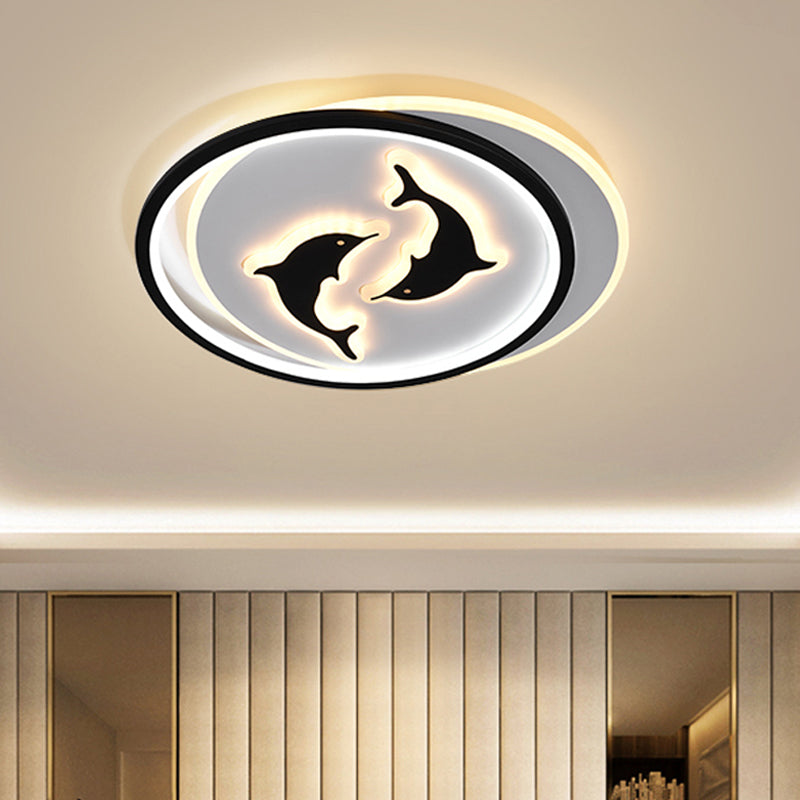 Round/Square Bedroom Ceiling Lamp Acrylic LED Nordic Flush Mount Lighting with Butterfly/Dolphin Design in Black