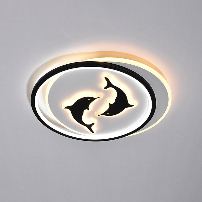 Round/Square Bedroom Ceiling Lamp Acrylic LED Nordic Flush Mount Lighting with Butterfly/Dolphin Design in Black