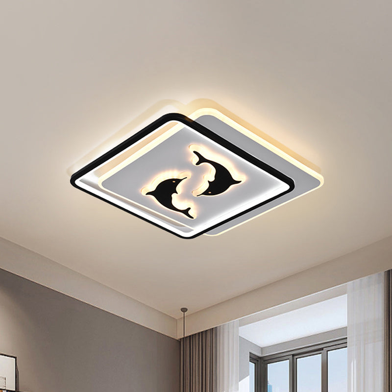 Round/Square Bedroom Ceiling Lamp Acrylic LED Nordic Flush Mount Lighting with Butterfly/Dolphin Design in Black