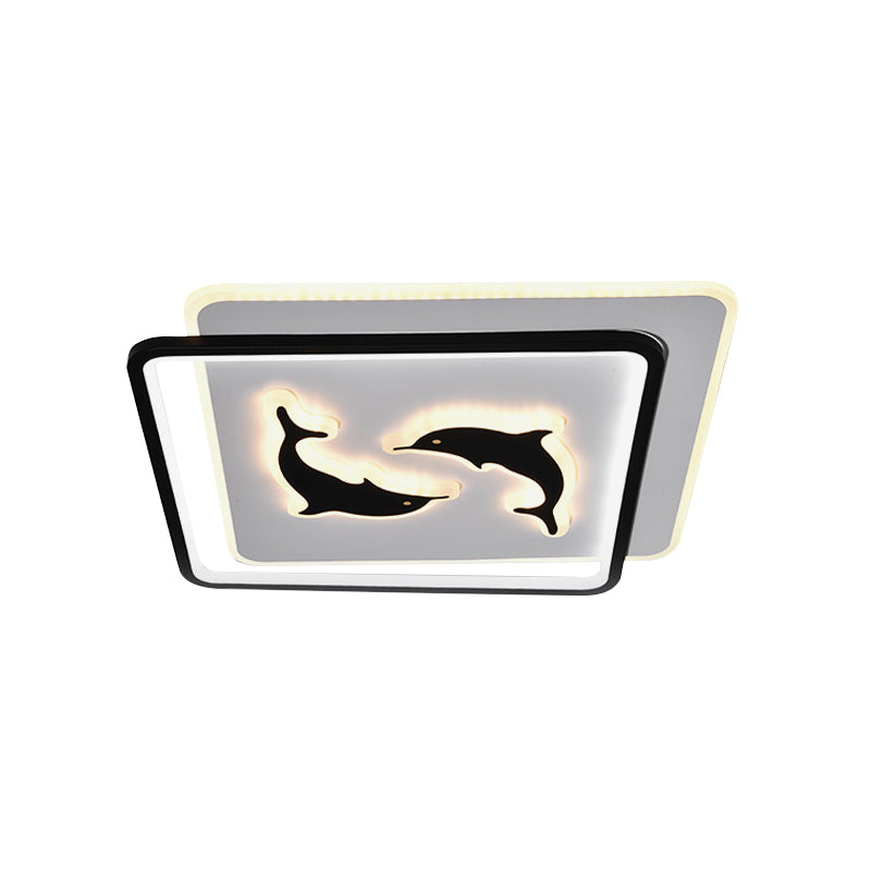 Round/Square Bedroom Ceiling Lamp Acrylic LED Nordic Flush Mount Lighting with Butterfly/Dolphin Design in Black