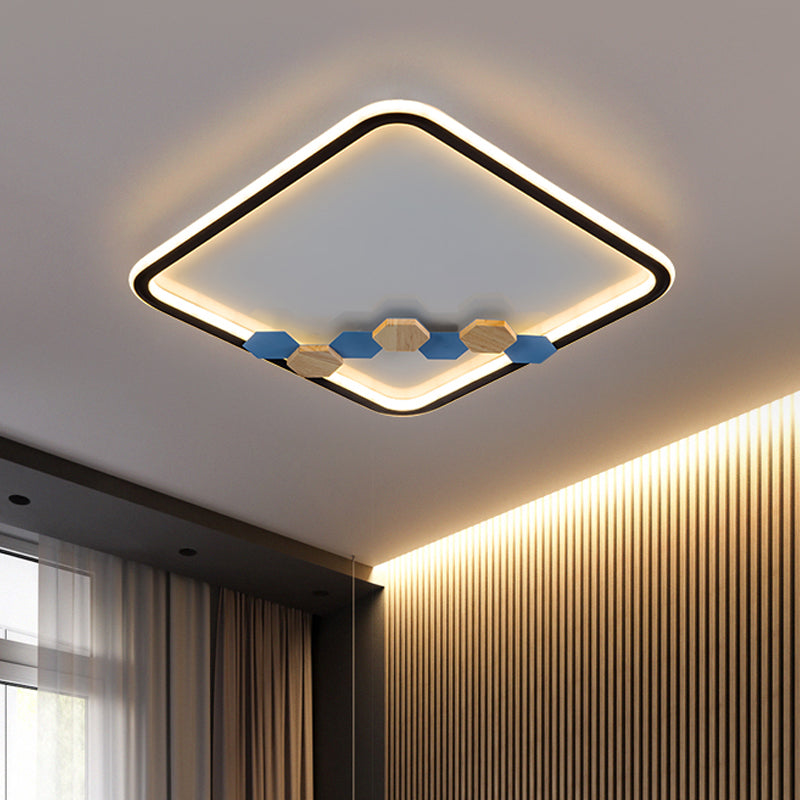 Round/Square Parlor Flush Lamp Acrylic LED Minimalist Ceiling Mounted Light with Leaf/Geometric Deco in Black