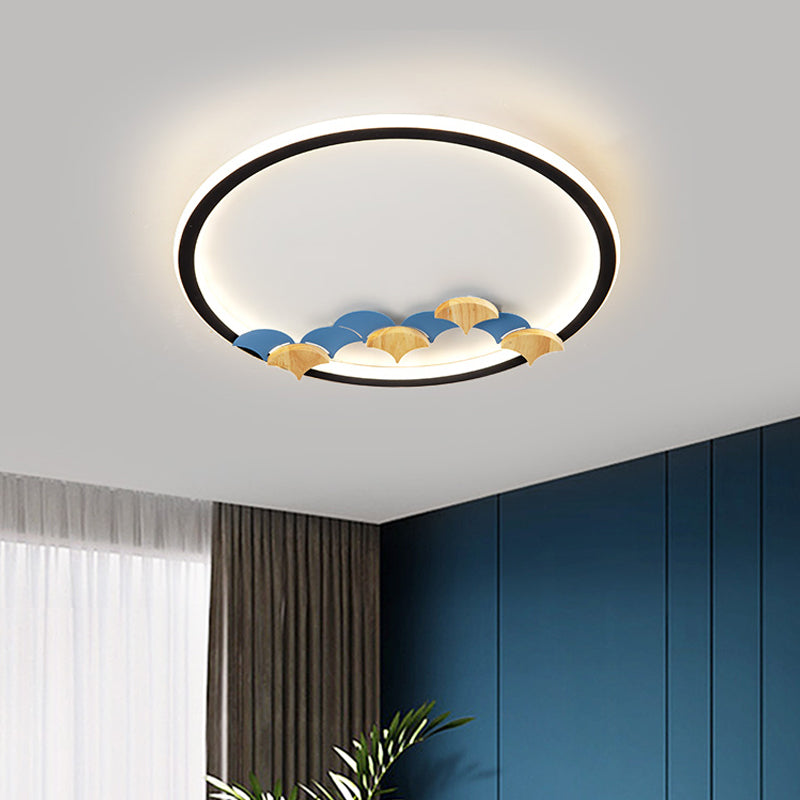 Round/Square Parlor Flush Lamp Acrylic LED Minimalist Ceiling Mounted Light with Leaf/Geometric Deco in Black
