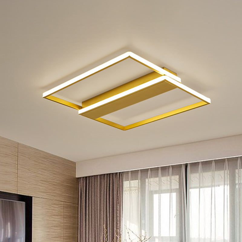 Dual Rectangle Frame Flush Ceiling Light Modernist Metallic Sitting Room LED Flush Mount Lamp in Gold, 16"/19.5" Width