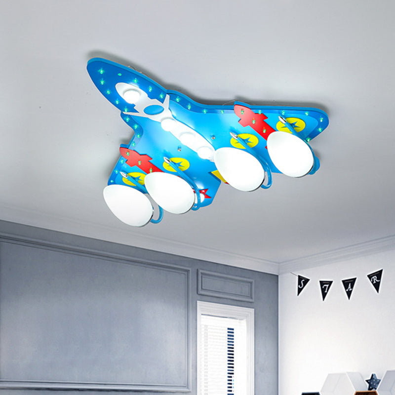 Egg Close to Ceiling Lamp Kids Opaline Glass 4 Lights Nursery Semi Flush Mount Lamp with Aircraft Design in Blue