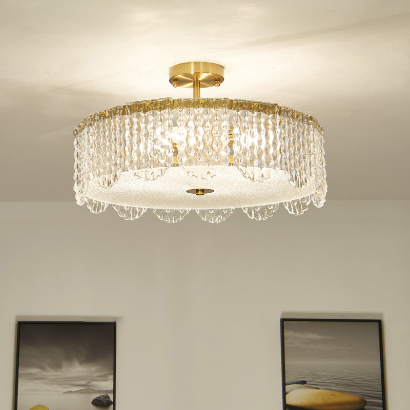 Drum Bevel Cut Glass Semi Flush Mount Contemporary 4-Light Gold Close to Ceiling Lamp