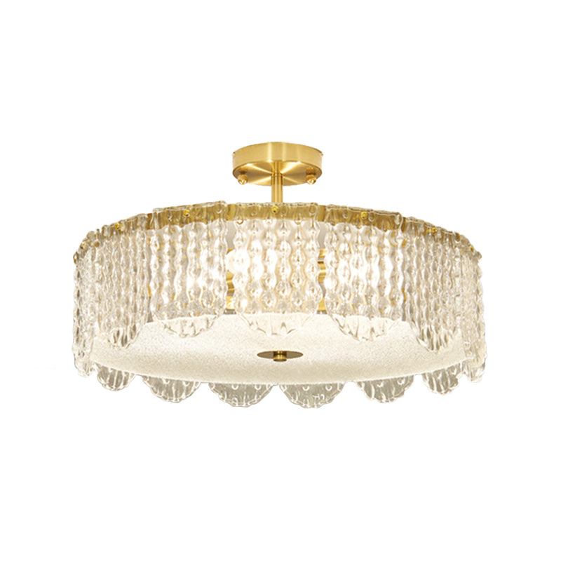 Drum Bevel Cut Glass Semi Flush Mount Contemporary 4-Light Gold Close to Ceiling Lamp