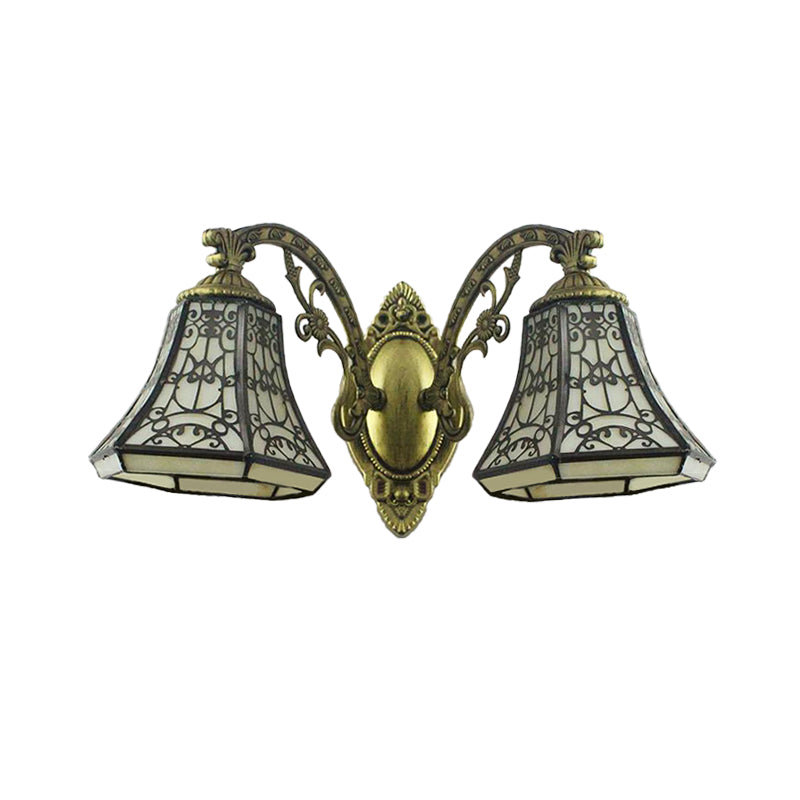 Beige Glass Bell Wall Lighting with Fence Design 2 Heads Rustic Lodge Sconce Light