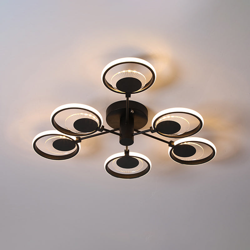 Cercles semi-lustre à lustre moderne en métal à lad lampe plafond de chambre à coucher avec conception radiale en lumière noire, chaude / blanche