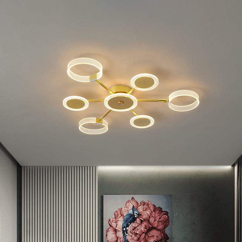 31.5"/39" W Modern Circle Semi Flush Acrylic 7/9 Heads Living Room LED Ceiling Mounted Fixture in Gold, Warm/White Light