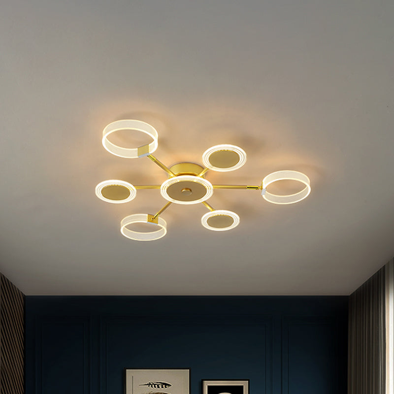 31.5"/39" W Modern Circle Semi Flush Acrylic 7/9 Heads Living Room LED Ceiling Mounted Fixture in Gold, Warm/White Light