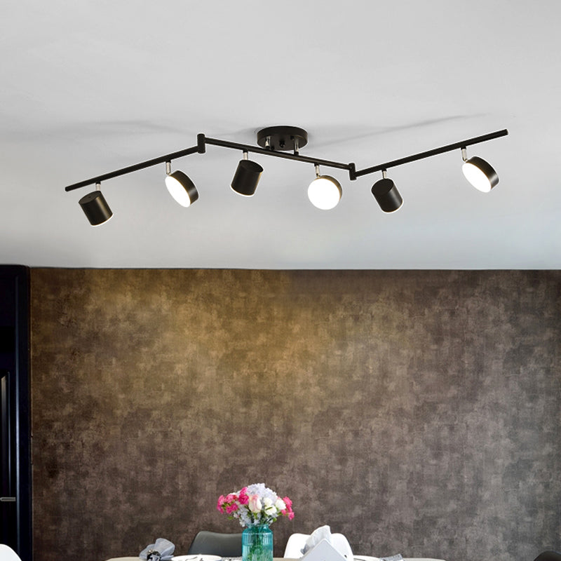 Metalen trommel Semi Mount Lighting Moderne stijl 6 Lichten LED -plafondarmatuur in zwart met lineair ontwerp