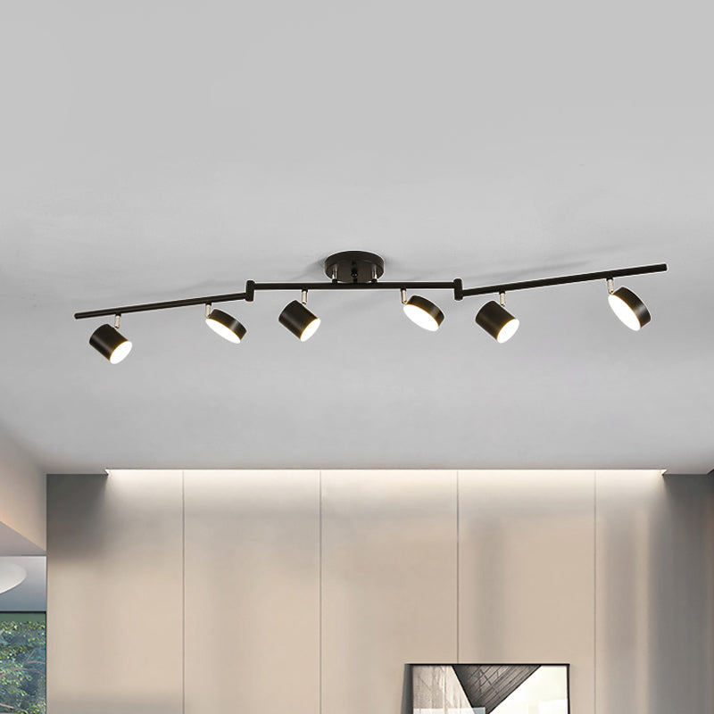 Metalen trommel Semi Mount Lighting Moderne stijl 6 Lichten LED -plafondarmatuur in zwart met lineair ontwerp
