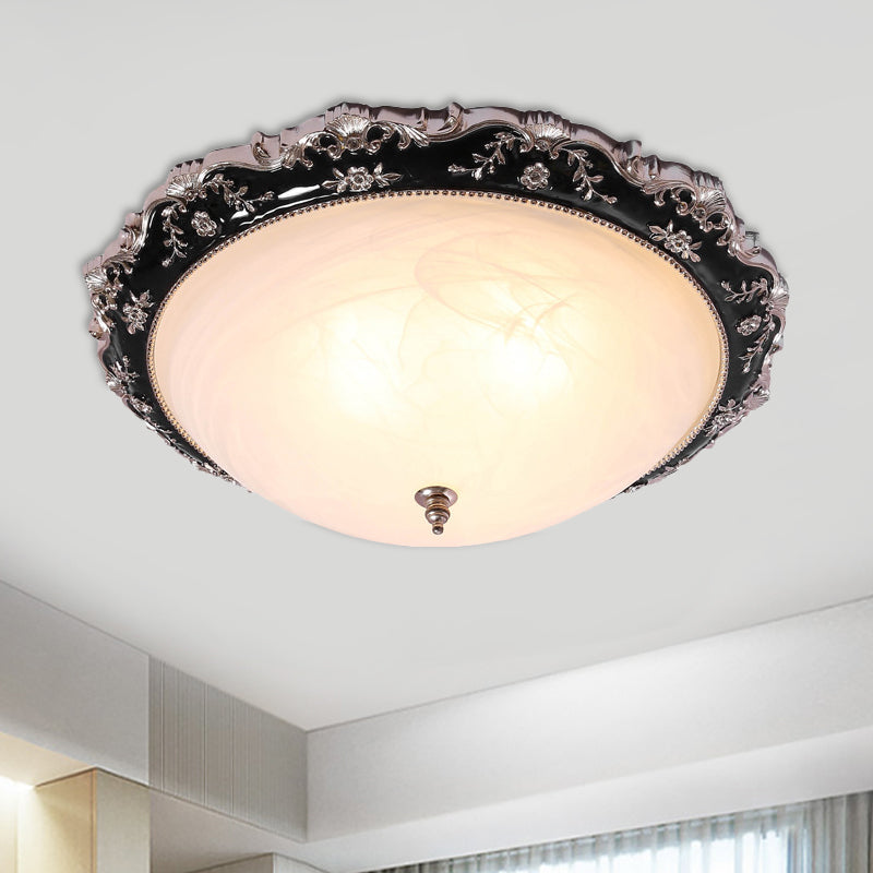3-Light Frosted Glass Ceiling Flush Rural Black Domed Corridor Flush Mount Lamp with Leave/Flower Deco, 14"/19.5" W