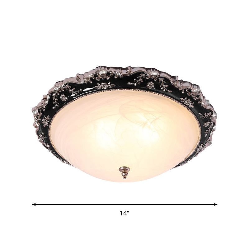 3-Light Frosted Glass Ceiling Flush Rural Black Domed Corridor Flush Mount Lamp with Leave/Flower Deco, 14"/19.5" W