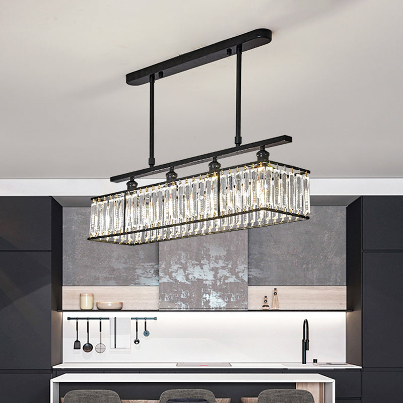 Simplicity 4 Heads Island Light Champagne/Black Rectangle Suspension Lighting with Crystal Prisms Shade