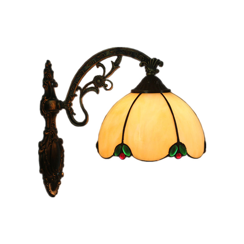 Hand Cut Glass Brass Wall Lamp Domed 1 Light Tiffany Wall Mount Light Fixture with Scrolled Arm