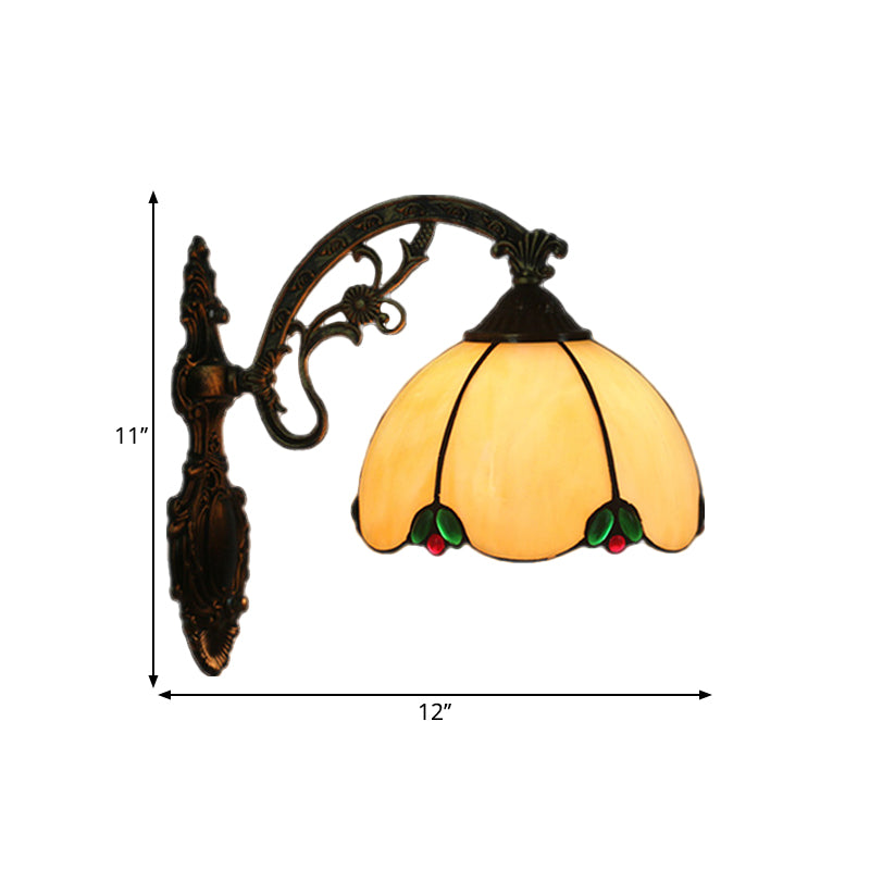 Hand Cut Glass Brass Wall Lamp Domed 1 Light Tiffany Wall Mount Light Fixture with Scrolled Arm