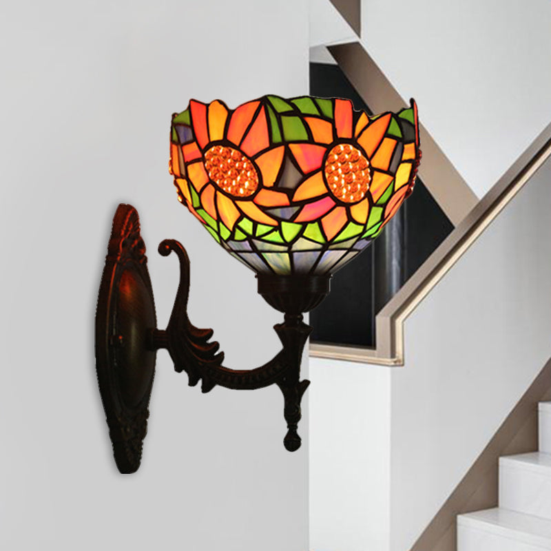 1 Light Bedroom Wall Lighting Baroque Brass Sunflower Patterned Wall Sconce with Bowl Stained Glass Shade