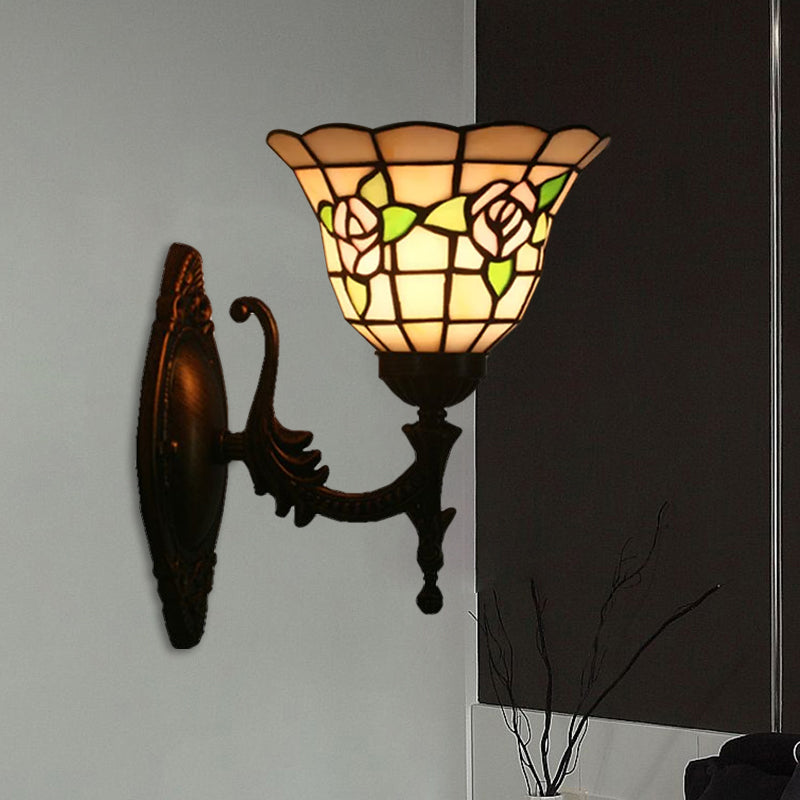 Flared Wall Light Sconce 1 Bulb Stained Glass Tiffany Style Wall Mounted Lamp in Red/Pink/Blue with Floral Pattern