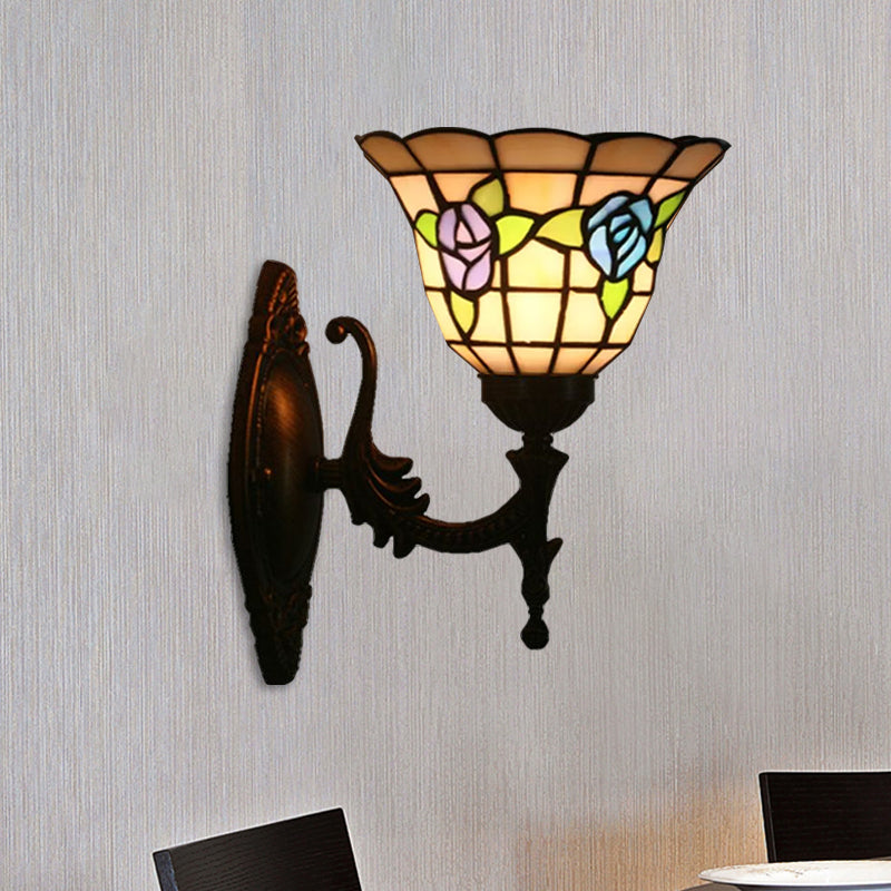 Flared Wall Light Sconce 1 Bulb Stained Glass Tiffany Style Wall Mounted Lamp in Red/Pink/Blue with Floral Pattern