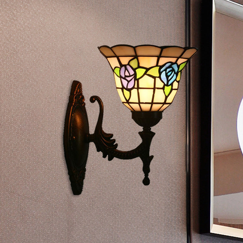 Flared Wall Light Sconce 1 Bulb Stained Glass Tiffany Style Wall Mounted Lamp in Red/Pink/Blue with Floral Pattern