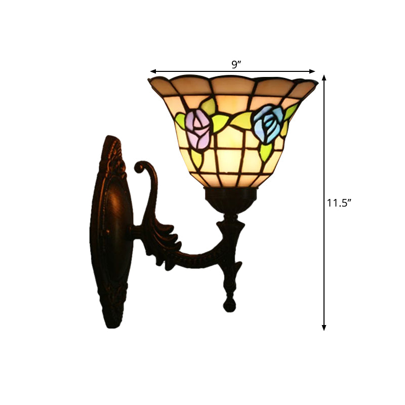 Flared Wall Light Sconce 1 Bulb Stained Glass Tiffany Style Wall Mounted Lamp in Red/Pink/Blue with Floral Pattern