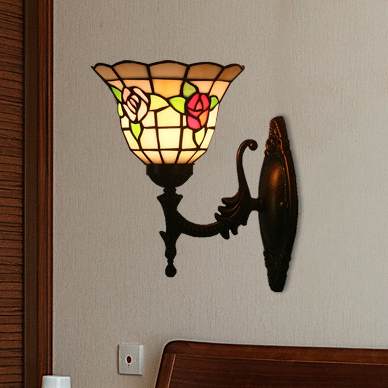 Flared Wall Light Sconce 1 Bulb Stained Glass Tiffany Style Wall Mounted Lamp in Red/Pink/Blue with Floral Pattern