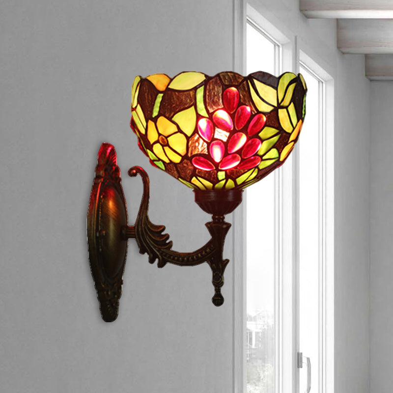 Bowl Shaped Wall Sconce Lighting Tiffany Style Hand Cut Glass 1 Head Brass Flower and Grape Wall Light Fixture