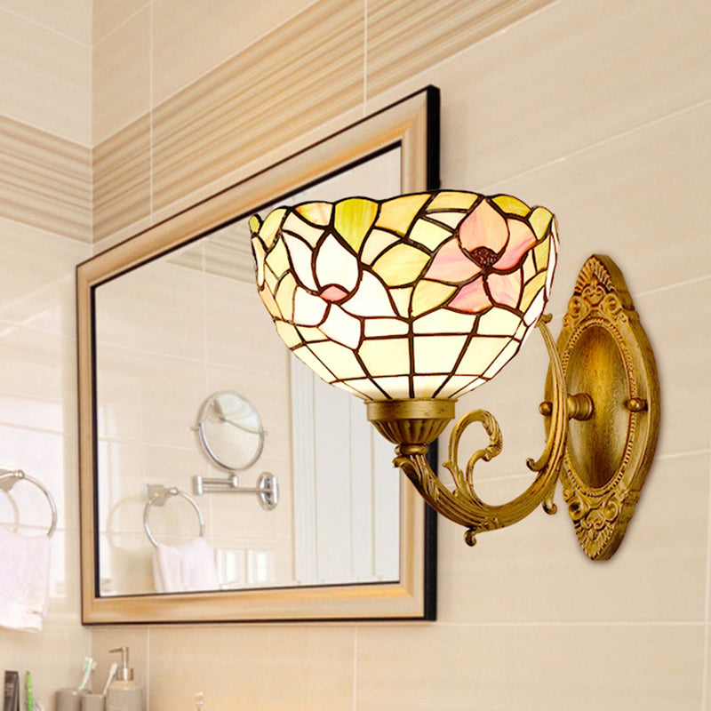 Cut Glass Dome Wall Mount Light Mediterranean 1-Bulb Gold Finish Flower Patterned Wall Lamp with Curved Arm