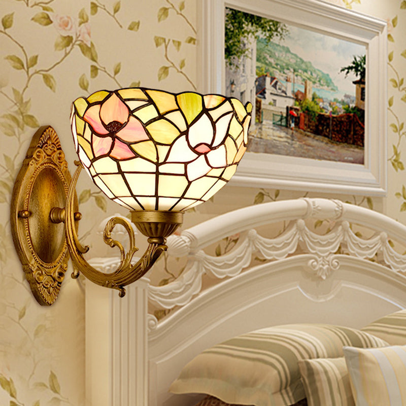 Cut Glass Dome Wall Mount Light Mediterranean 1-Bulb Gold Finish Flower Patterned Wall Lamp with Curved Arm