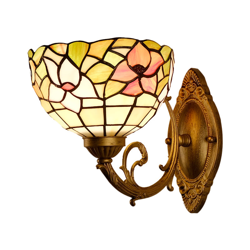 Cut Glass Dome Wall Mount Light Mediterranean 1-Bulb Gold Finish Flower Patterned Wall Lamp with Curved Arm