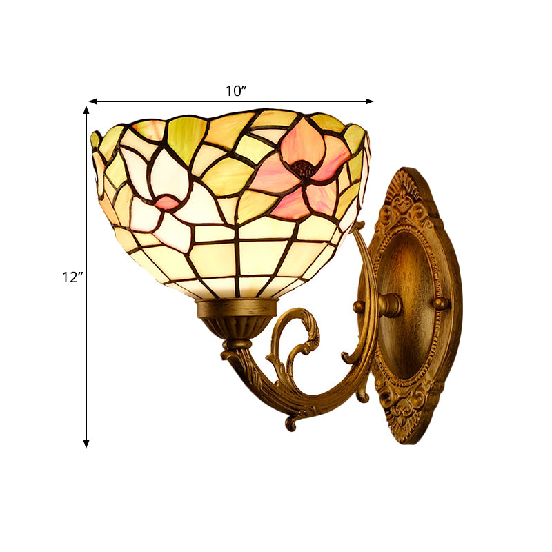 Cut Glass Dome Wall Mount Light Mediterranean 1-Bulb Gold Finish Flower Patterned Wall Lamp with Curved Arm