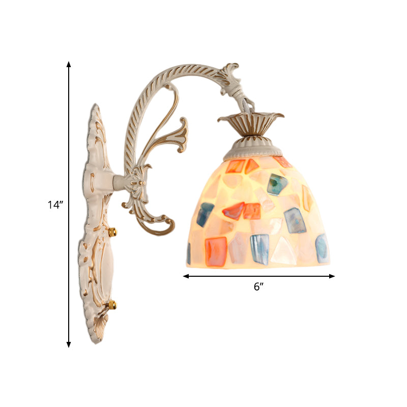 1/2-Light Wall Lighting Fixture Baroque Dome Shell Mosaic Patterned Wall Lamp with Curved Arm in White