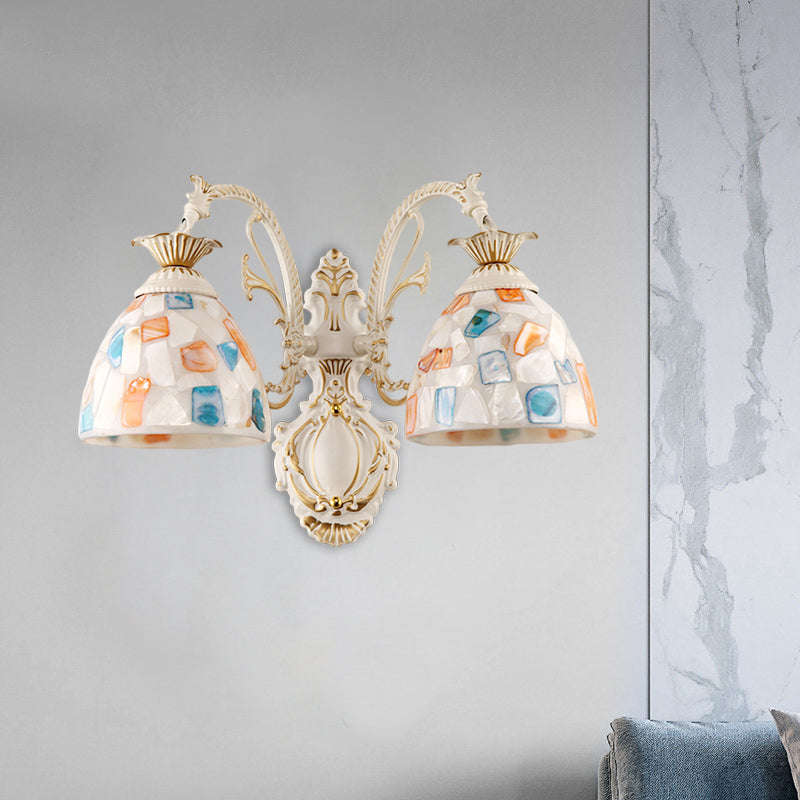 1/2-Light Wall Lighting Fixture Baroque Dome Shell Mosaic Patterned Wall Lamp with Curved Arm in White