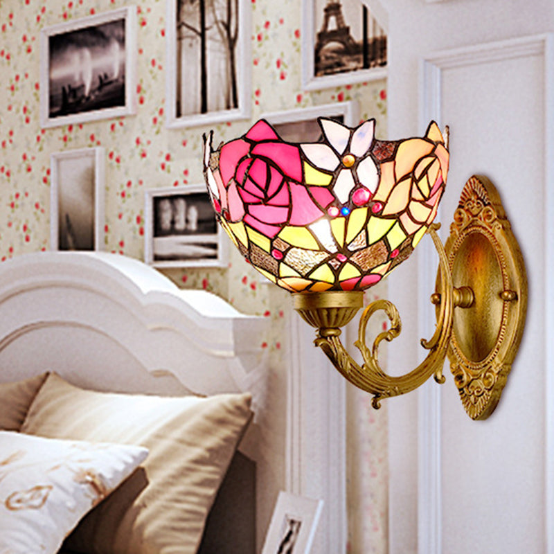 Gold 1 Head Wall Lighting Ideas Victorian Stained Glass Bowl Shade Wall Mount Light Fixture with Petal Pattern