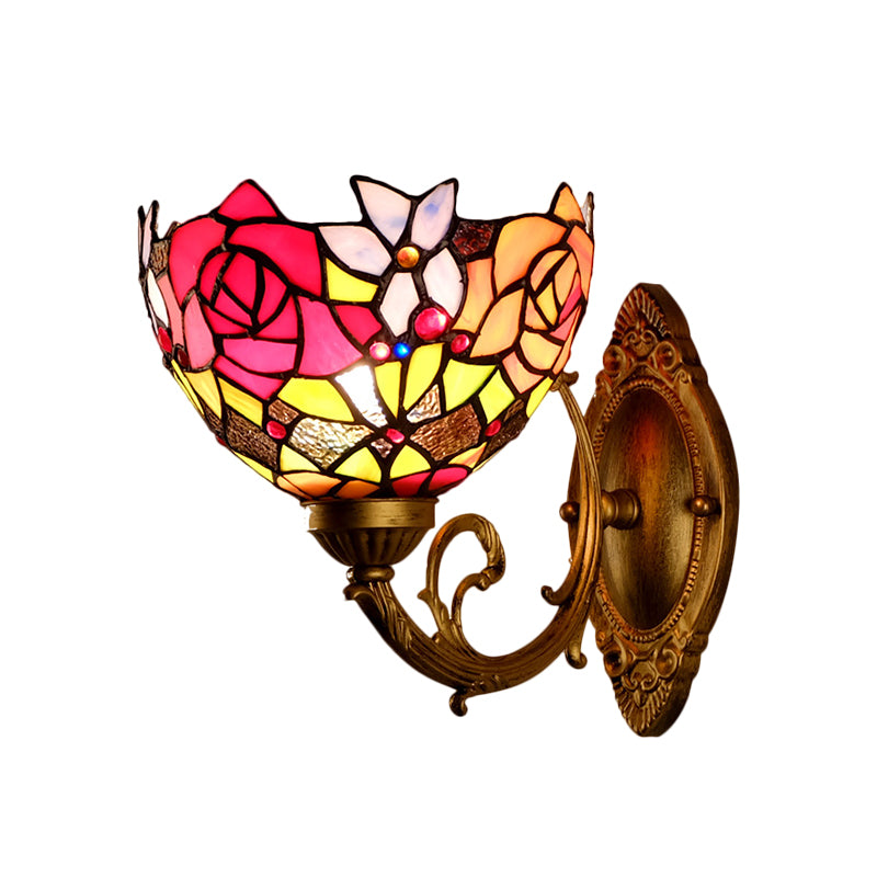 Gold 1 Head Wall Lighting Ideas Victorian Stained Glass Bowl Shade Wall Mount Light Fixture with Petal Pattern